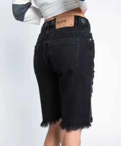 Denim Shorts|ONE TEASPOON Worn Black Concho Cut Off Truckers Mid Waist Shorts
