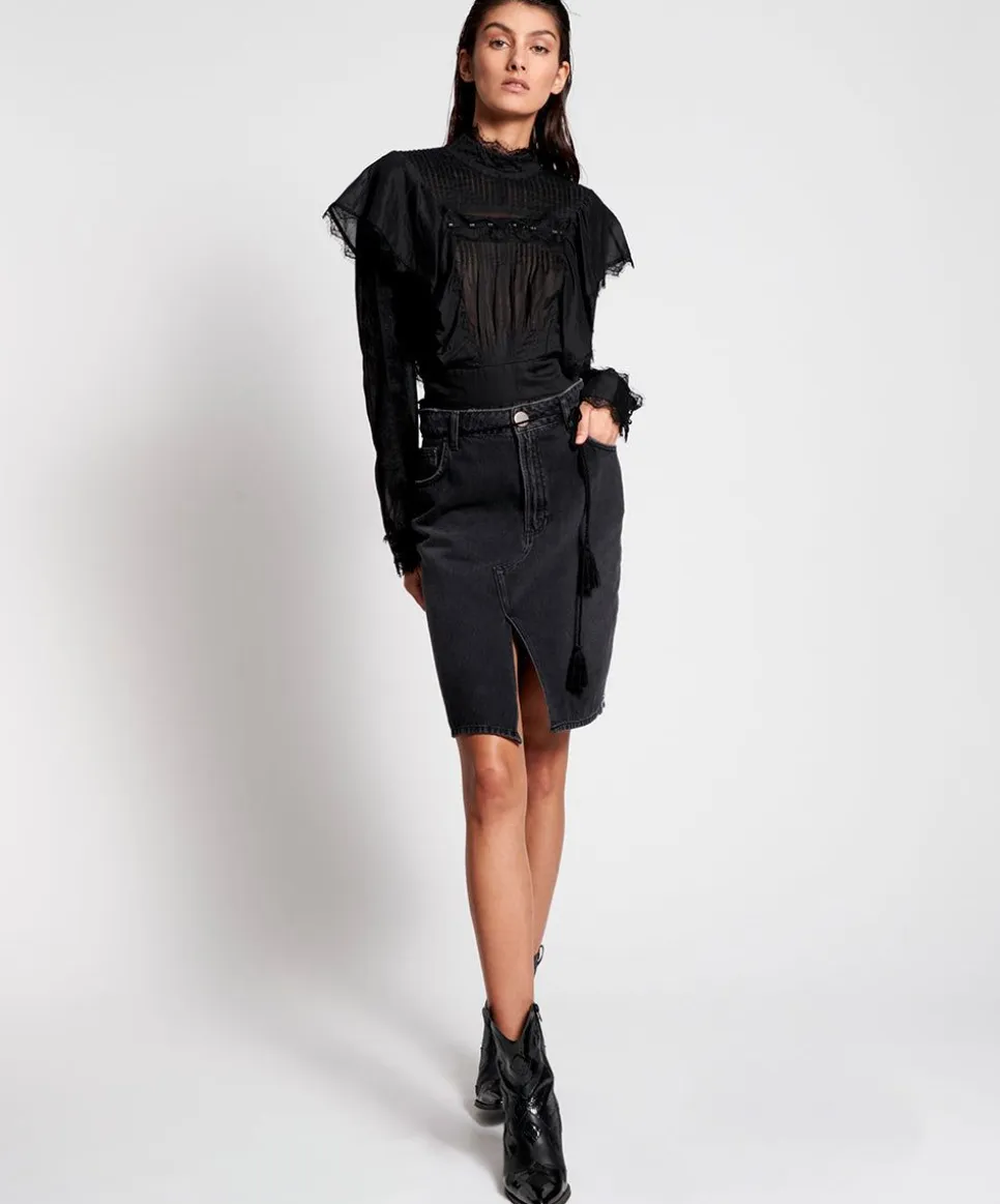 Denim Skirts|ONE TEASPOON Worn Black Trucker Mid Waist Long Length Skirt