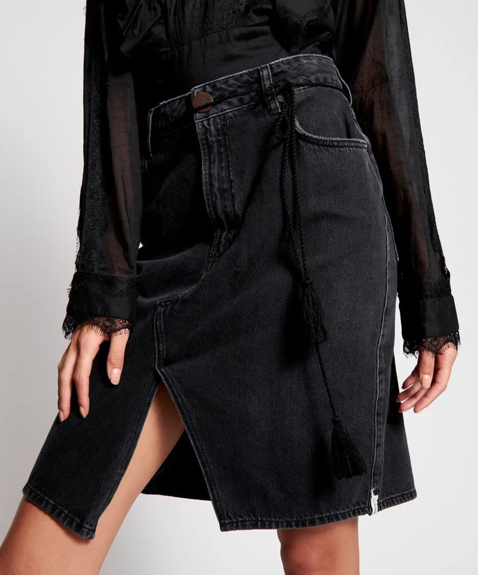 Denim Skirts|ONE TEASPOON Worn Black Trucker Mid Waist Long Length Skirt