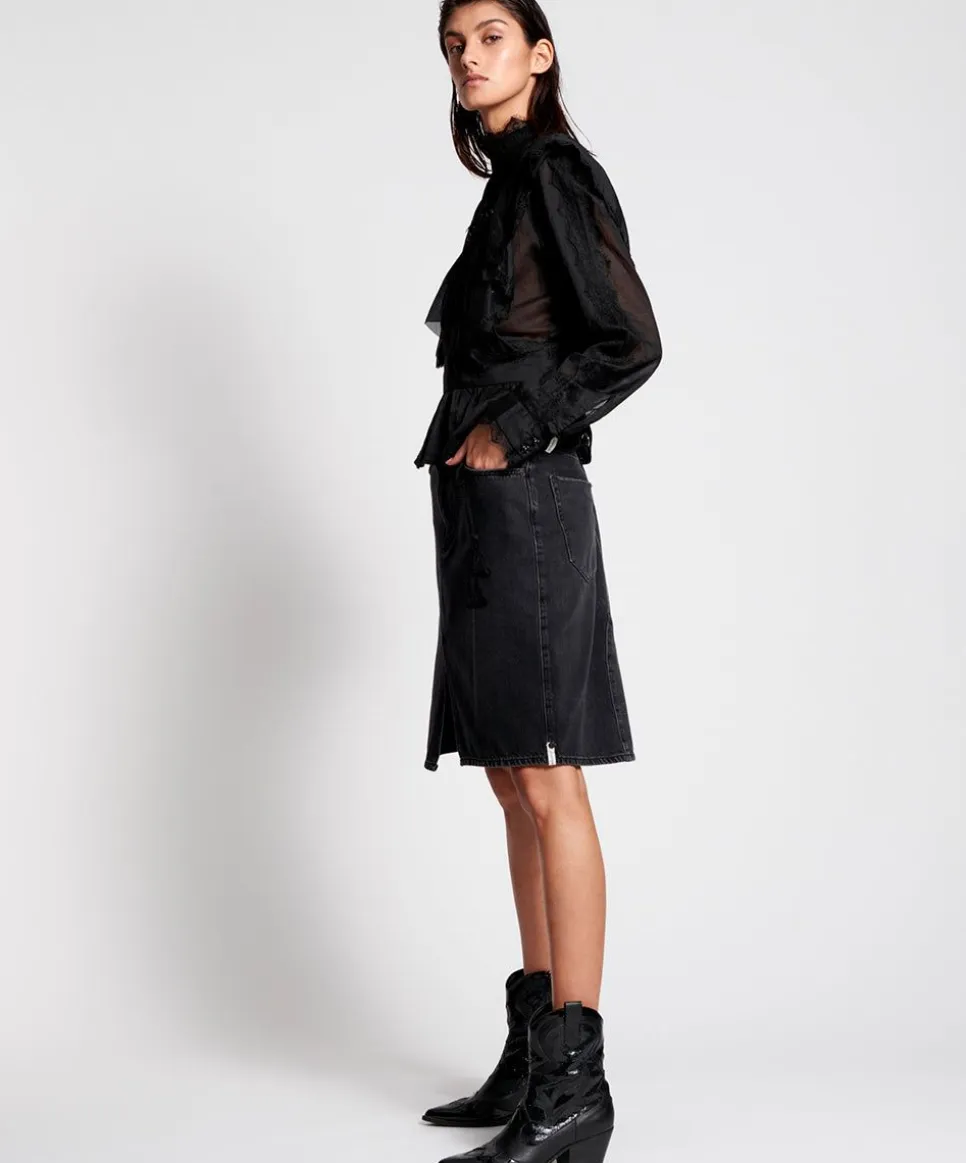 Denim Skirts|ONE TEASPOON Worn Black Trucker Mid Waist Long Length Skirt